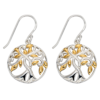 Pair of Tree of Life Gold plate Earrings on a white background