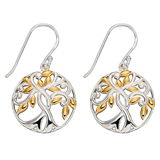 Pair of Tree of Life Gold plate Earrings on a white background