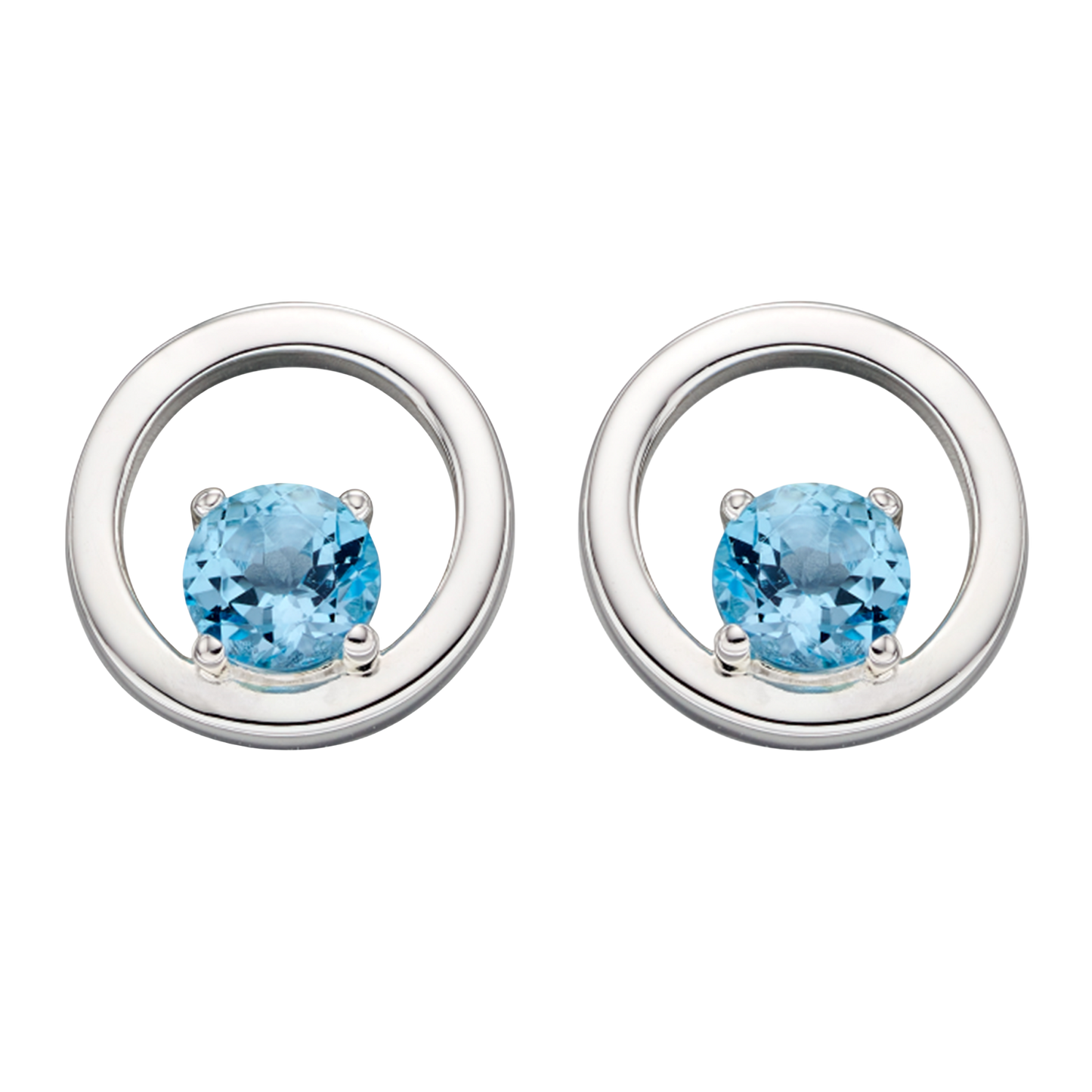 Open Circle Earrings with Blue Topaz on a white background