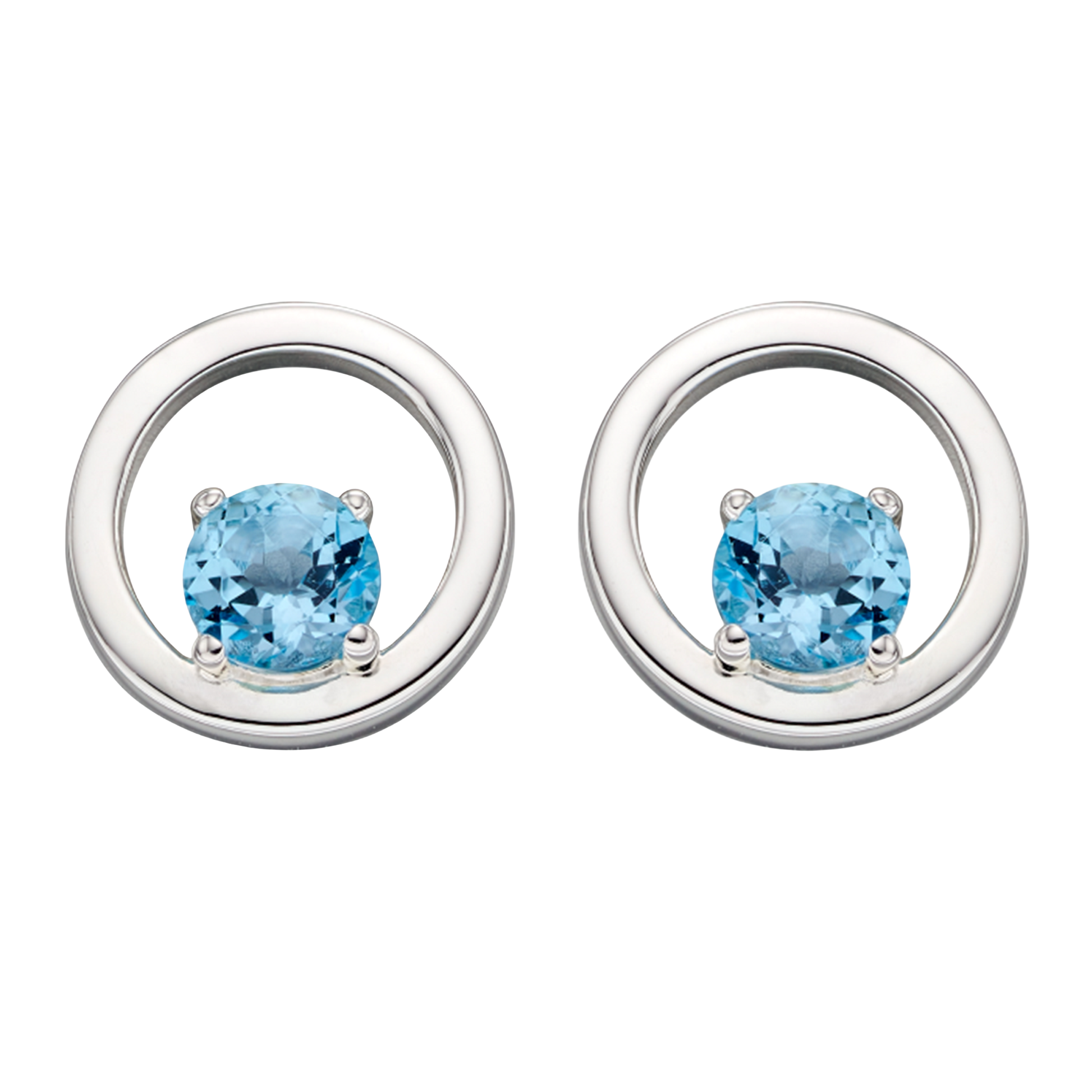 Open Circle Earrings with Blue Topaz on a white background