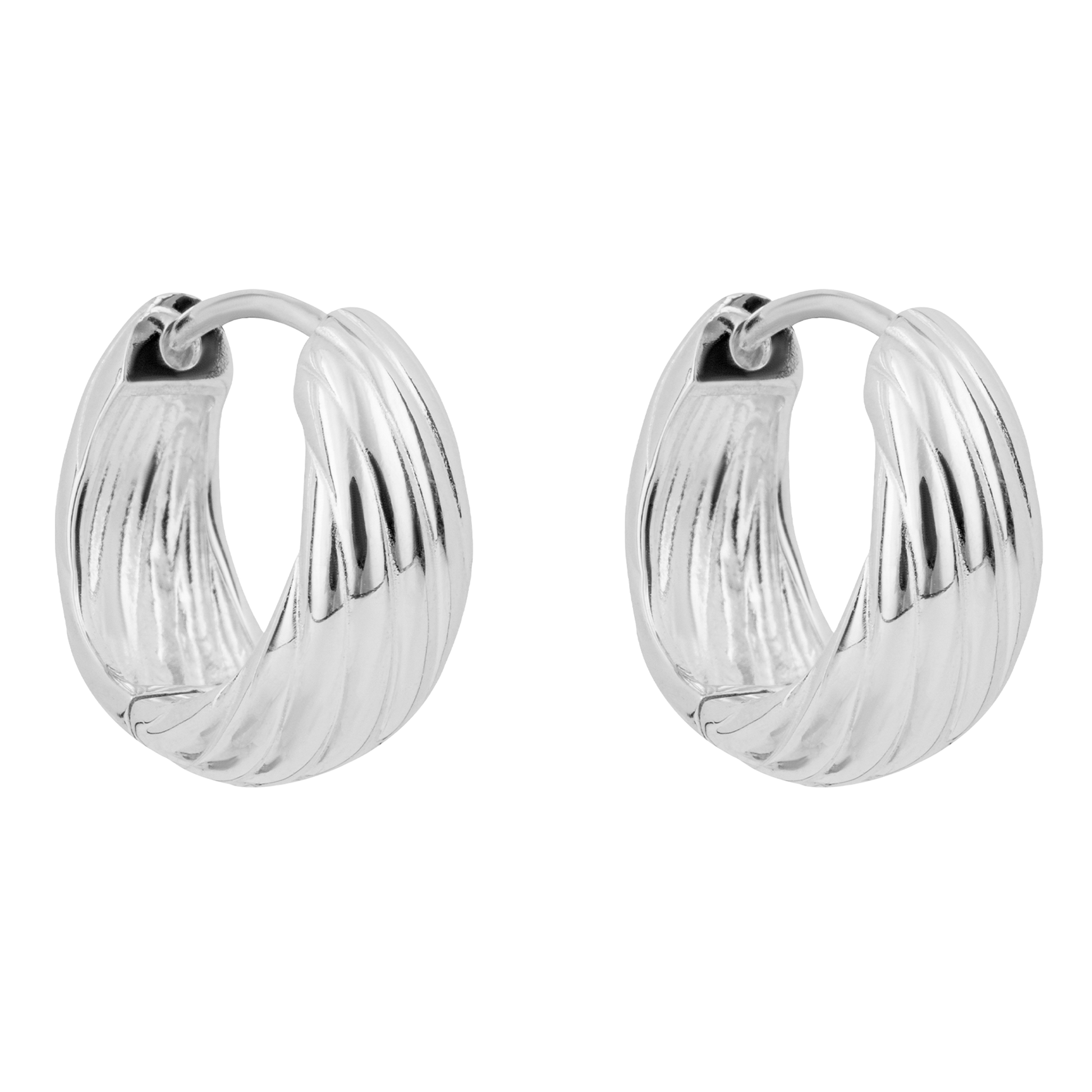 Pair of silver chunky rope style hoop earrings on a white background
