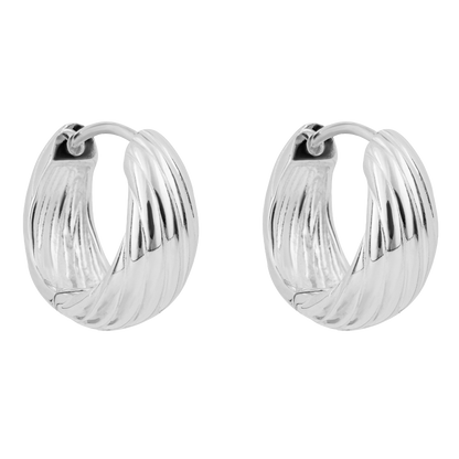 Pair of silver chunky rope style hoop earrings on a white background