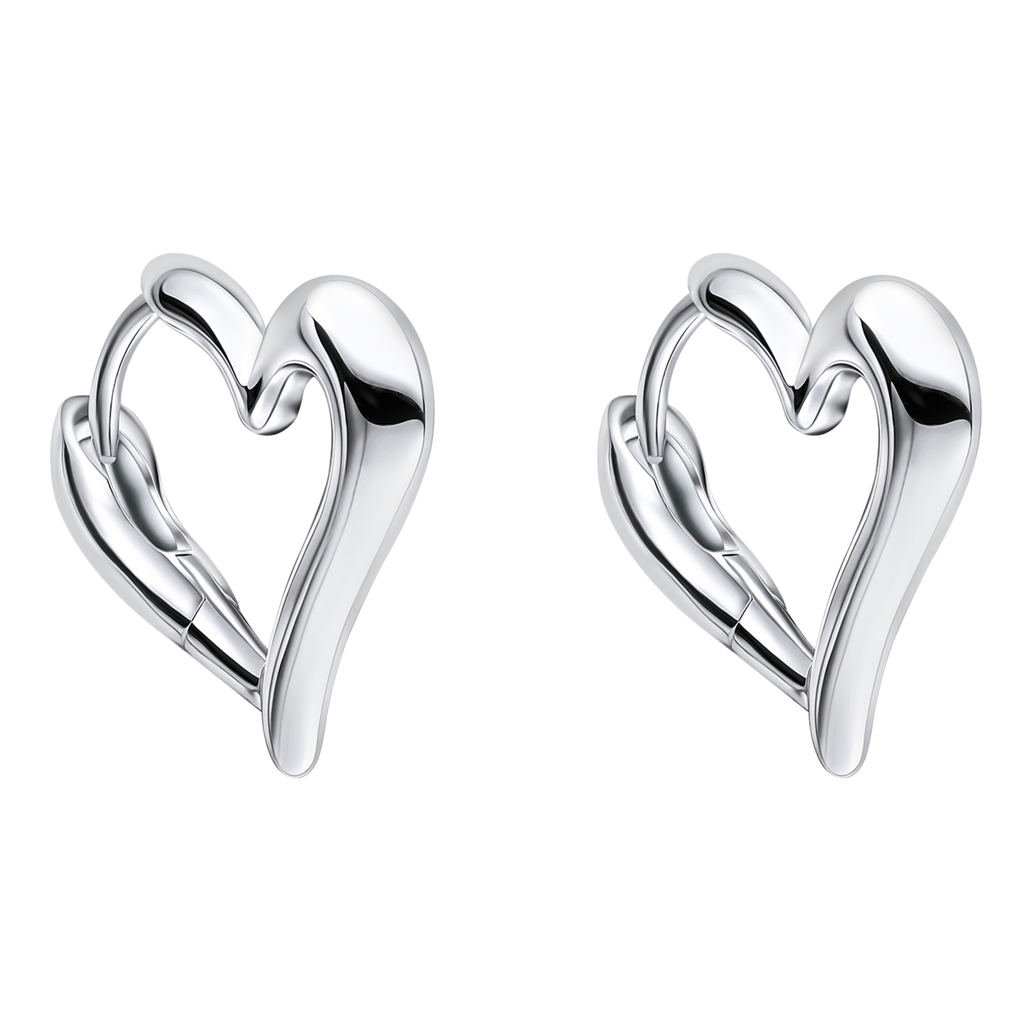 Pair of silver heart-shaped earrings on a white background