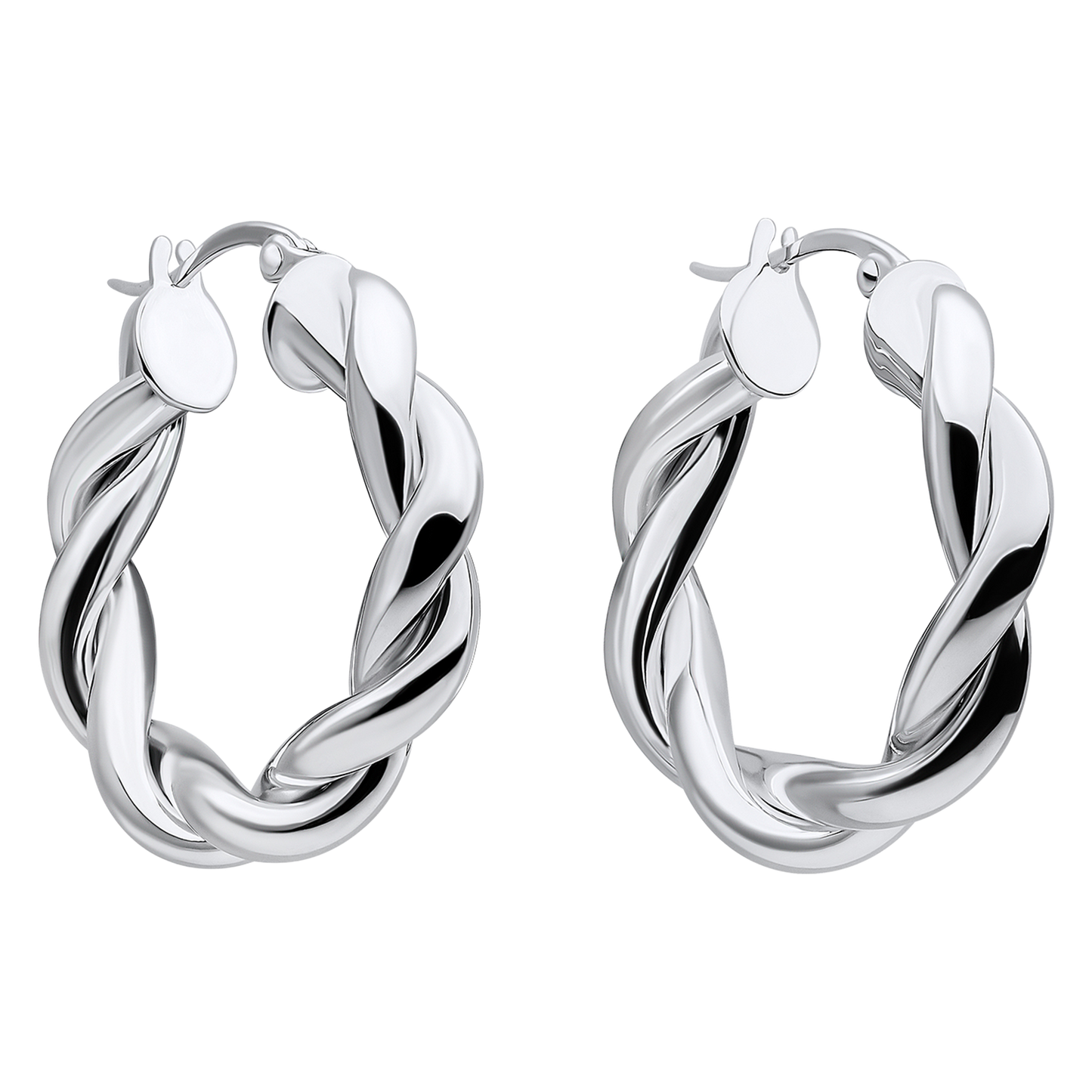 Pair of silver hoop earrings on a white background