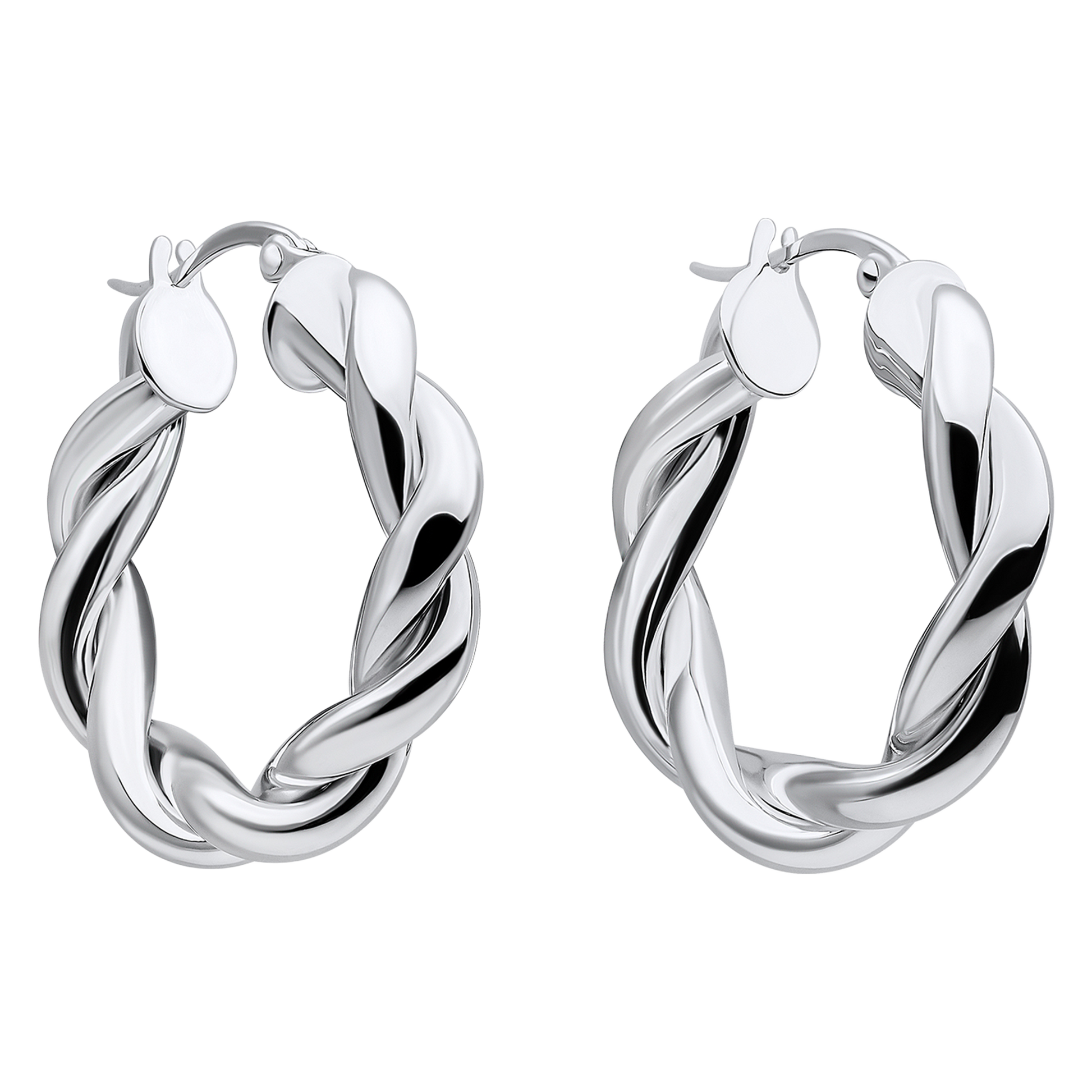 Pair of silver hoop earrings on a white background