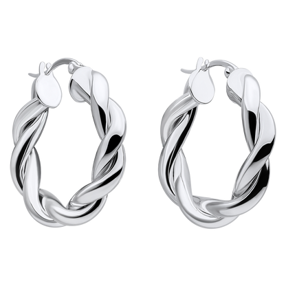 Pair of silver hoop earrings on a white background