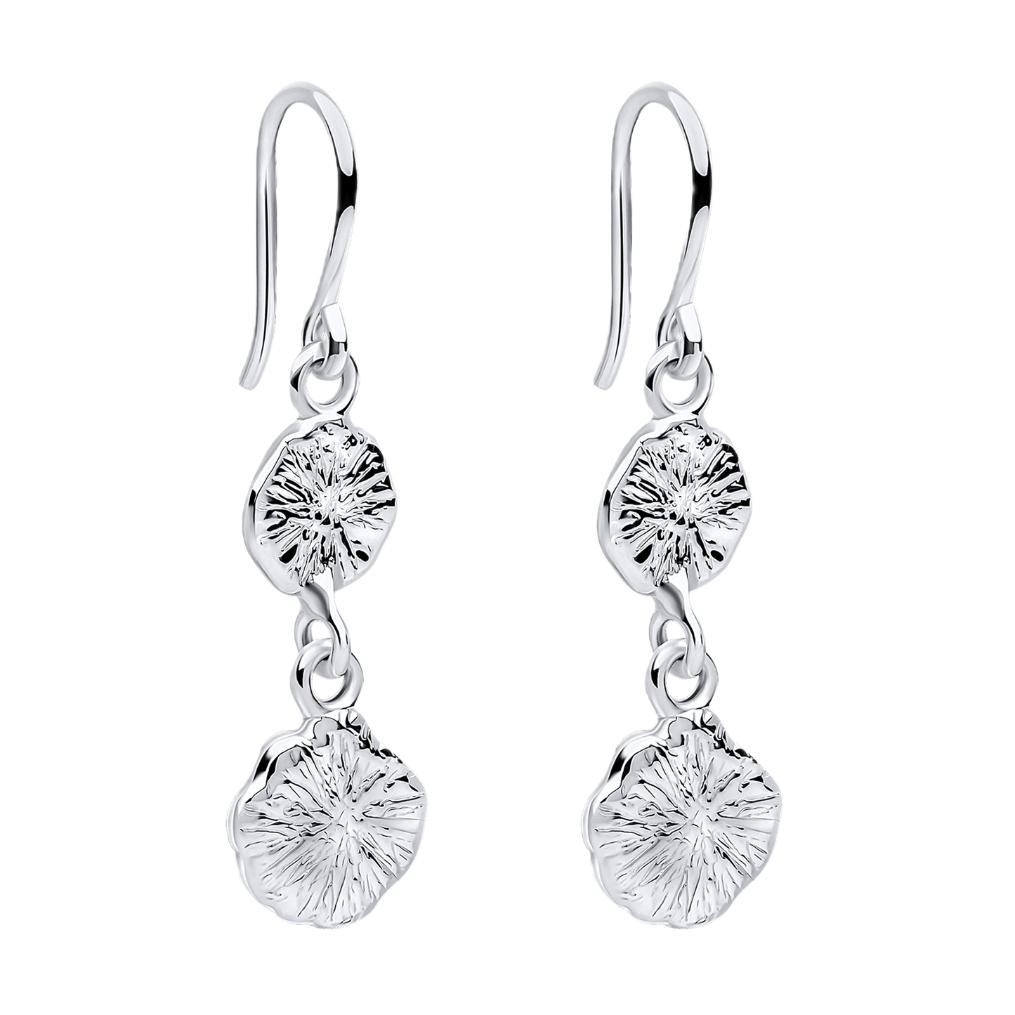 Pair of silver earrings with clear gemstones on a white background