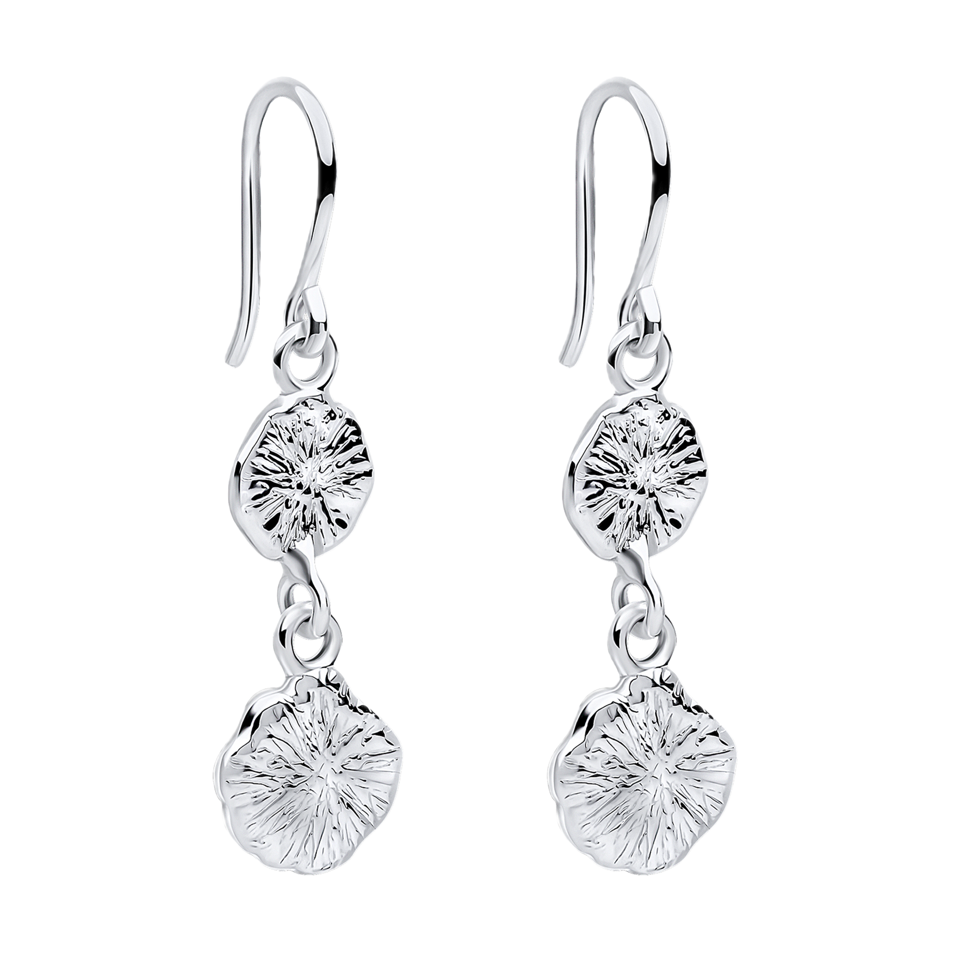 Pair of silver earrings with clear gemstones on a white background