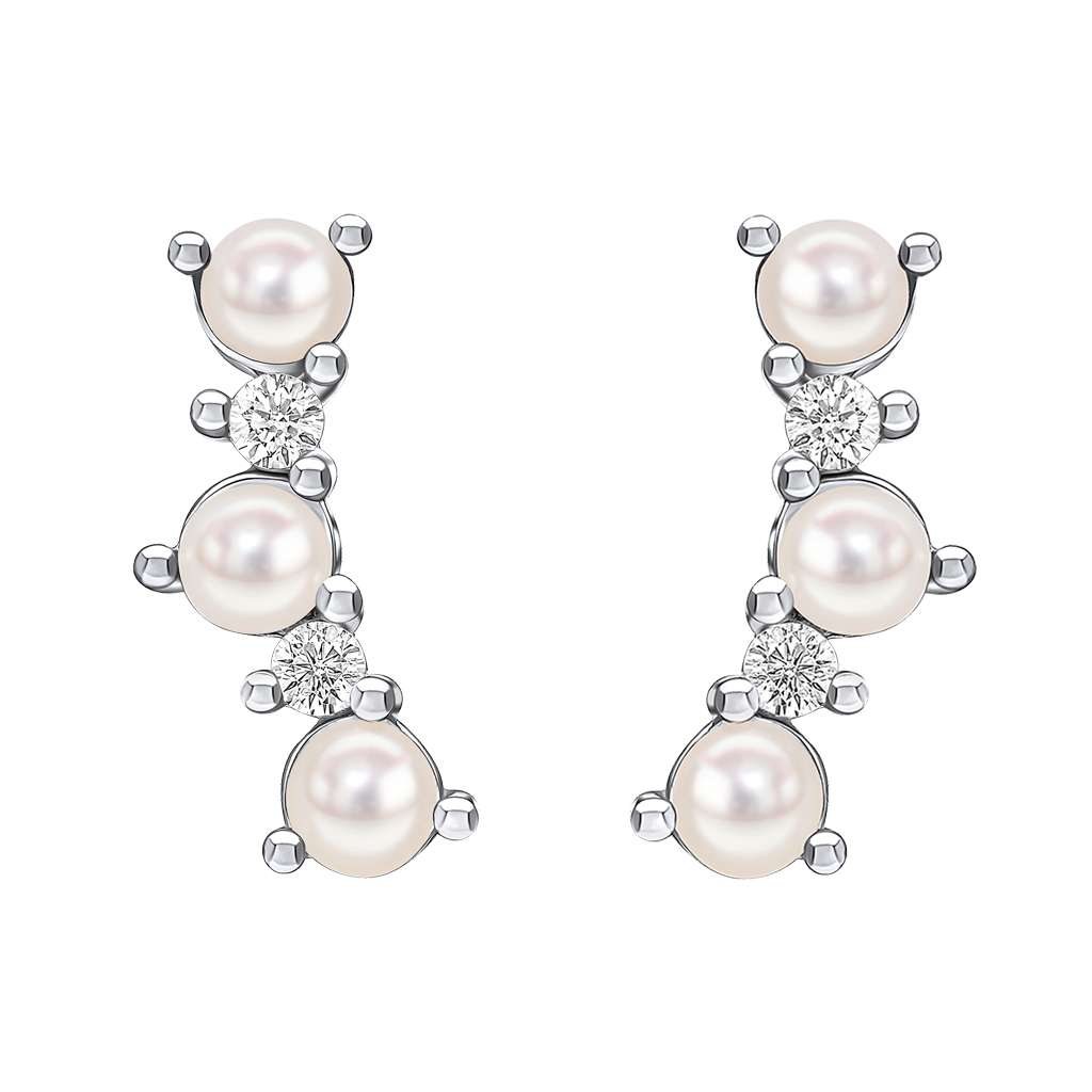 Curved Freshwater Pearl and Cubic Zirconia Crawler Earrings