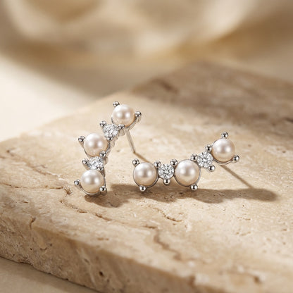 Curved Freshwater Pearl and Cubic Zirconia Crawler Earrings