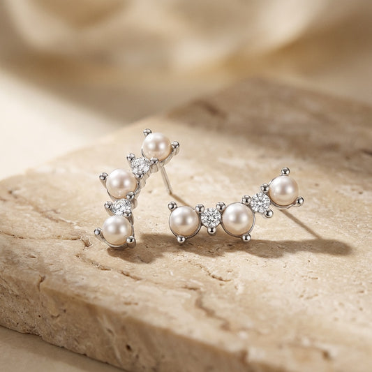 Curved Freshwater Pearl and Cubic Zirconia Crawler Earrings