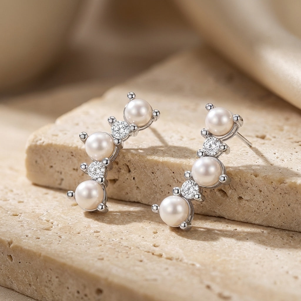 Curved Freshwater Pearl and Cubic Zirconia Crawler Earrings