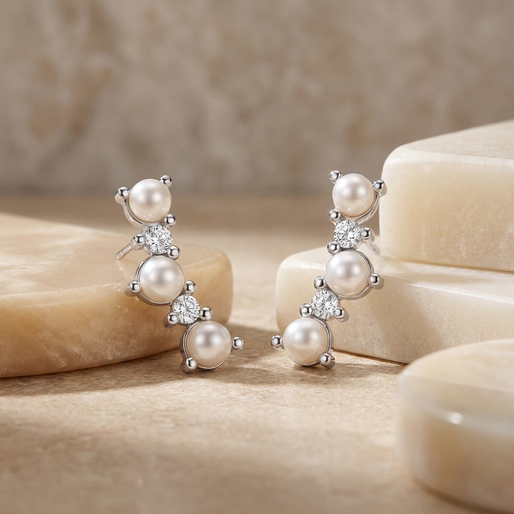 Curved Freshwater Pearl and Cubic Zirconia Crawler Earrings