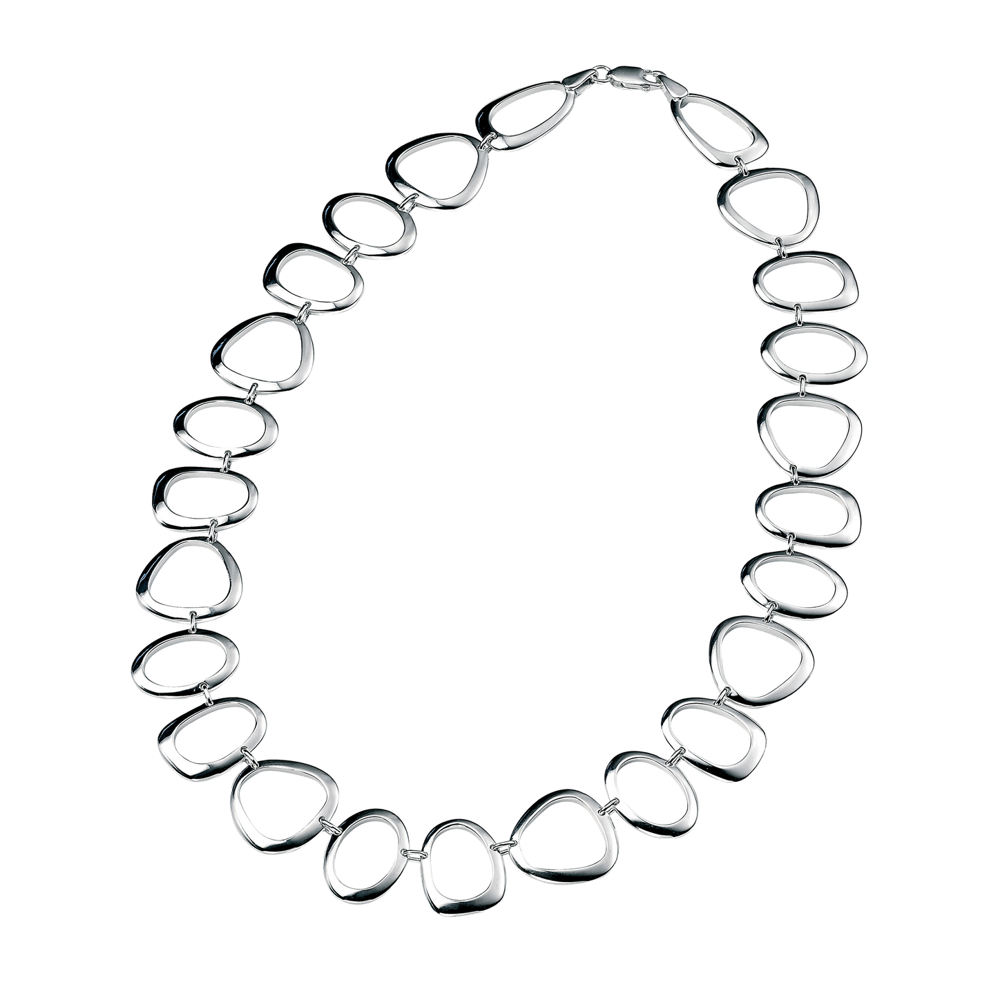 Silver necklace with teardrop-shaped links on a white background