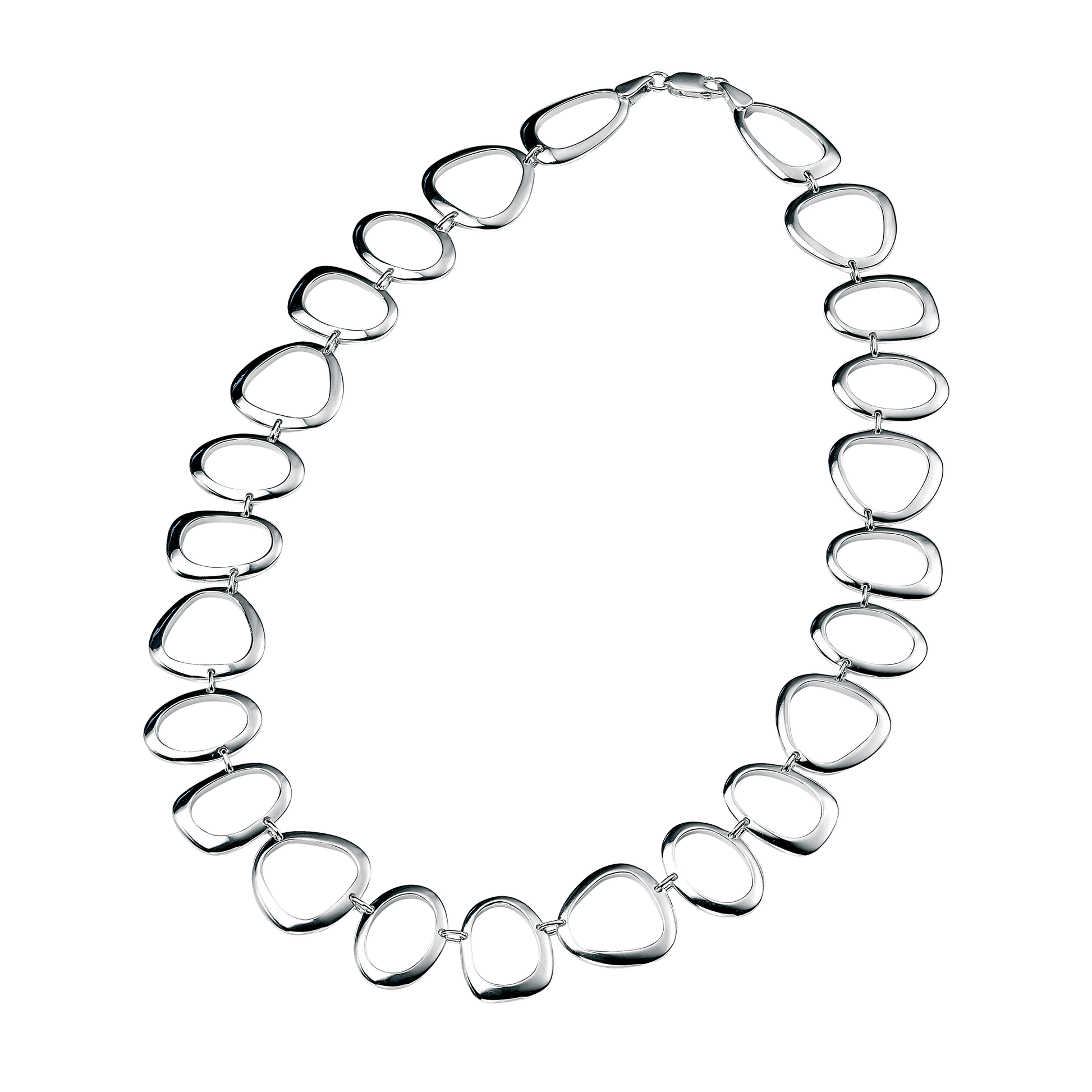 Silver necklace with teardrop-shaped links on a white background