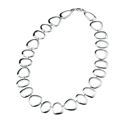 Silver necklace with teardrop-shaped links on a white background
