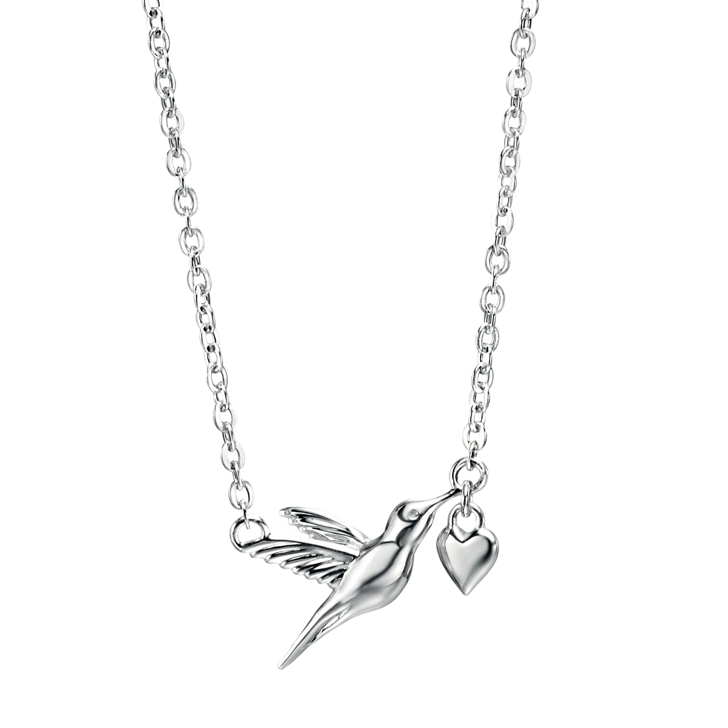Silver necklace with a hummingbird and heart pendant on a white background