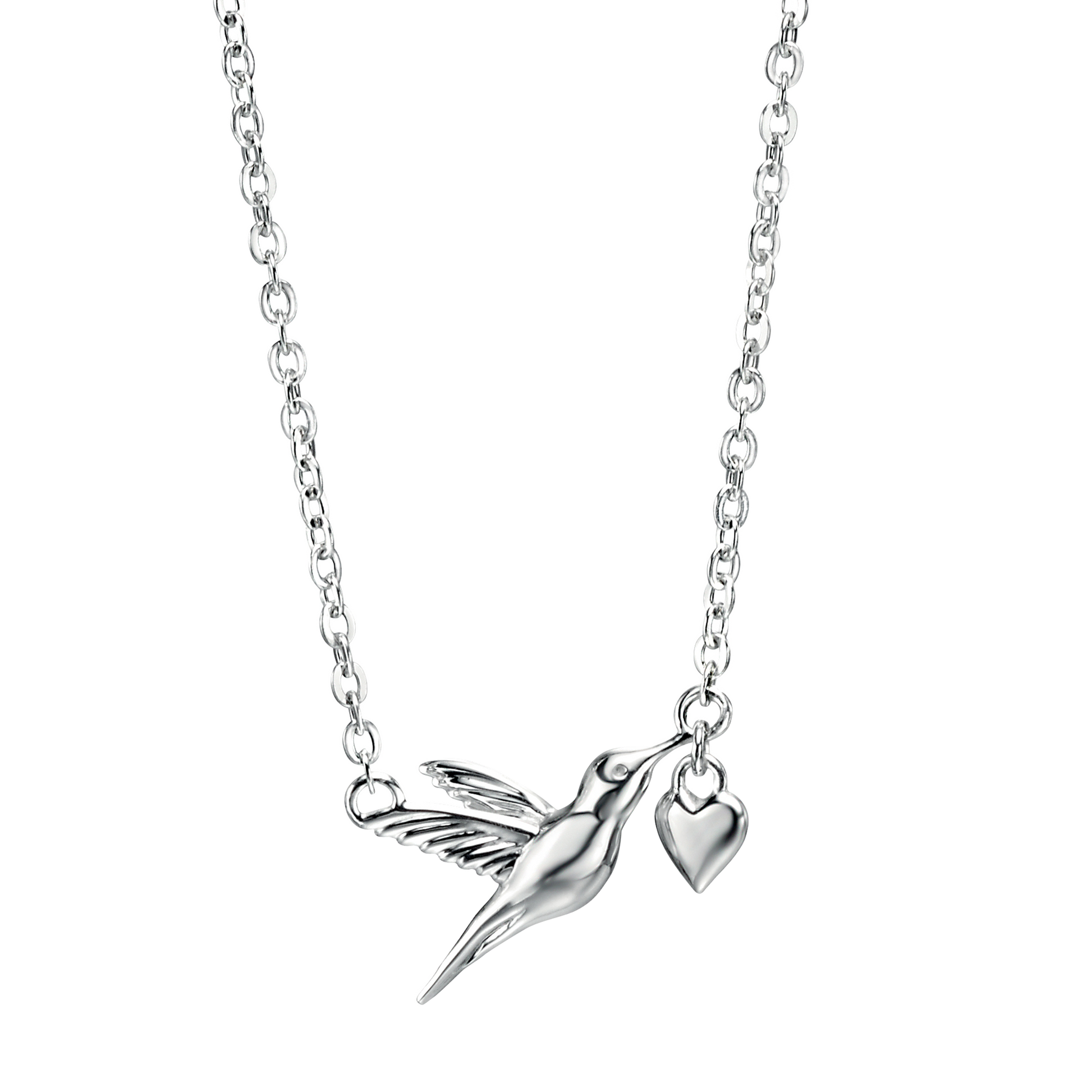Silver necklace with a hummingbird and heart pendant on a white background