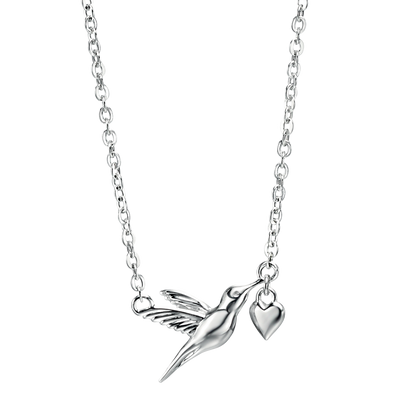 Silver necklace with a hummingbird and heart pendant on a white background