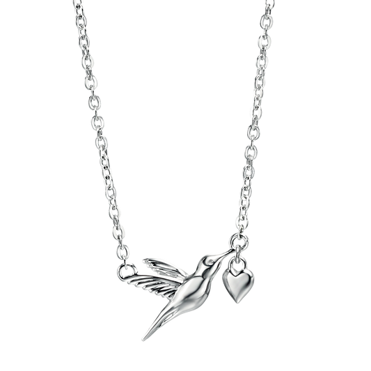 Silver necklace with a hummingbird and heart pendant on a white background