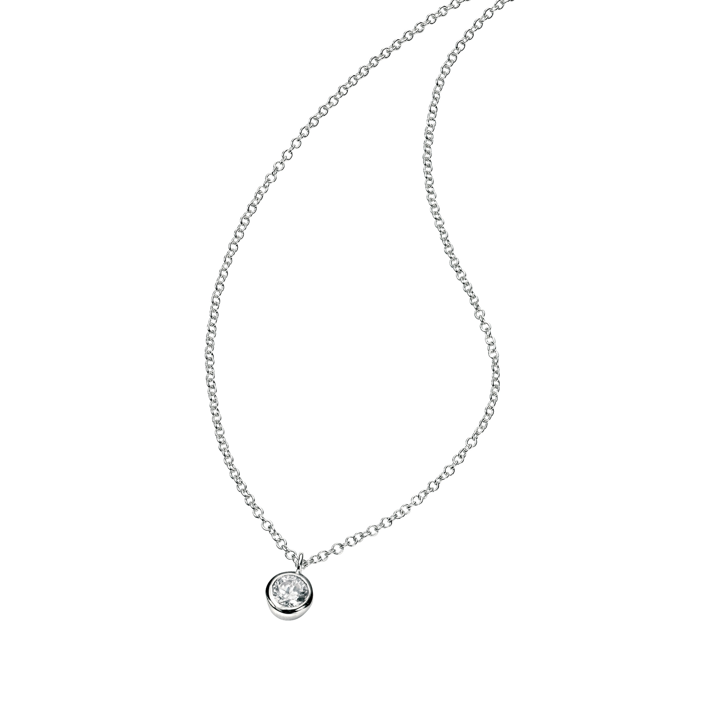 Silver necklace with a round pendant on a white background