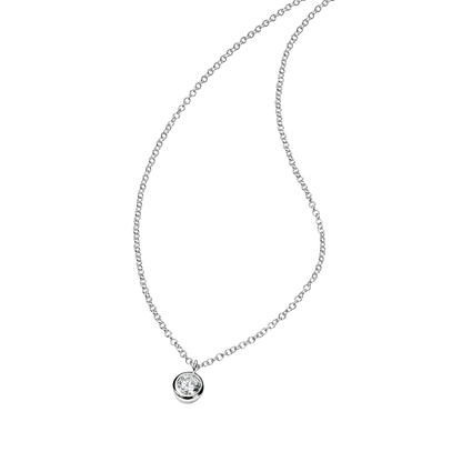 Silver necklace with a round pendant on a white background