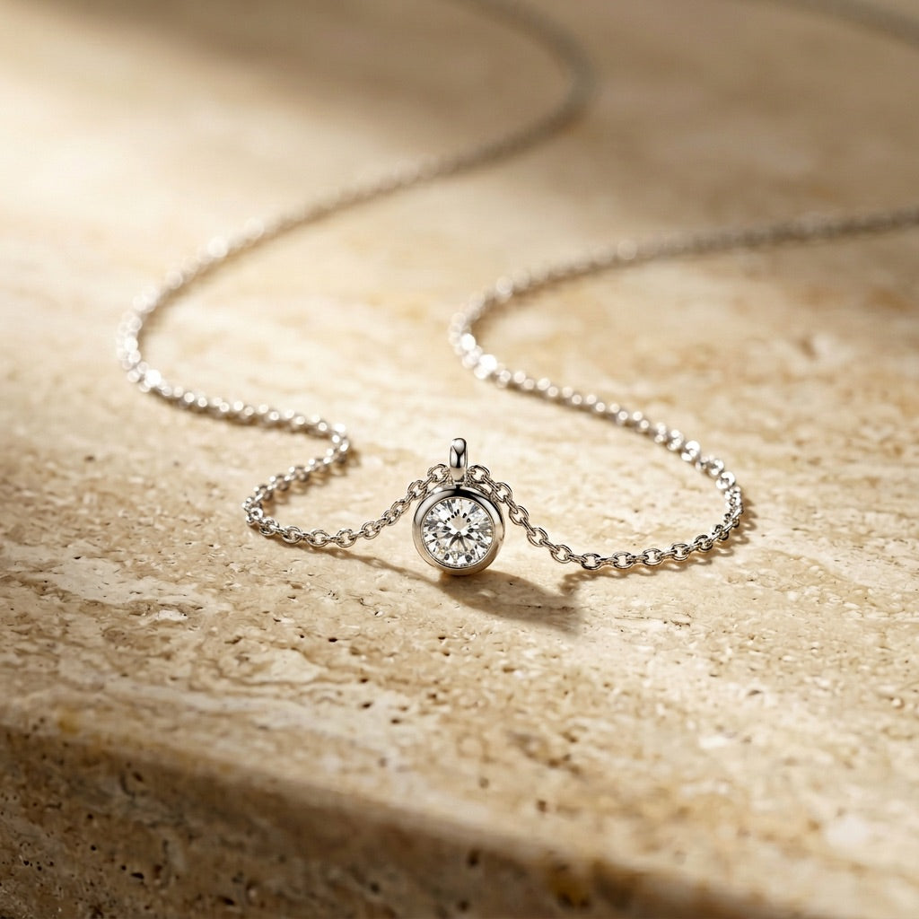 Silver necklace with a round pendant on a beige stone surface