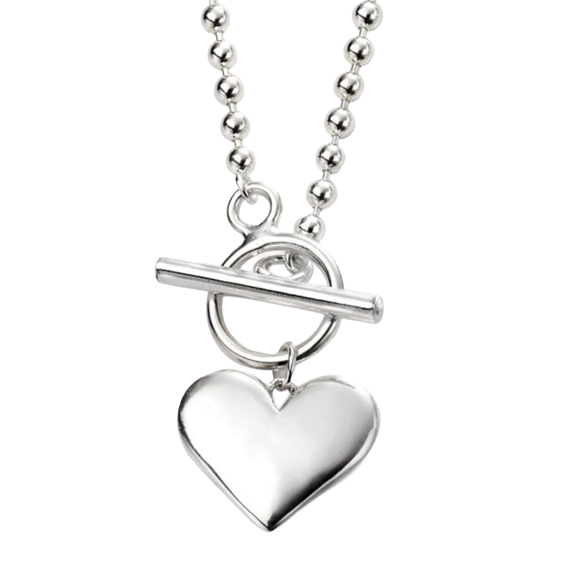 Silver heart pendant necklace on a white background