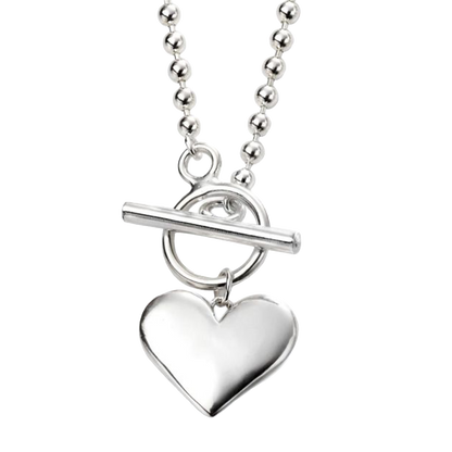 Silver heart pendant necklace on a white background