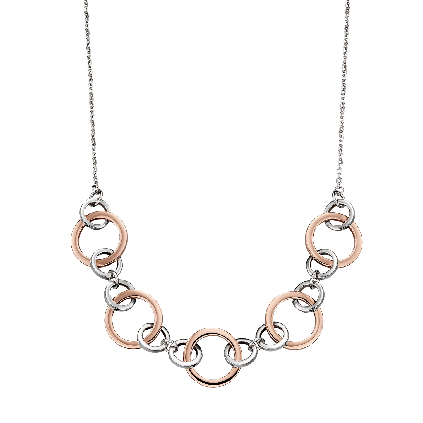 Necklace with interlocking rings in rose gold and silver on a white background