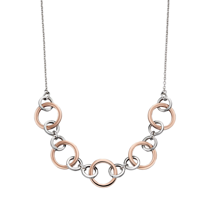 Necklace with interlocking rings in rose gold and silver on a white background