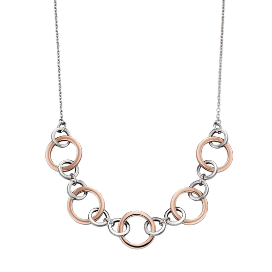 Necklace with interlocking rings in rose gold and silver on a white background