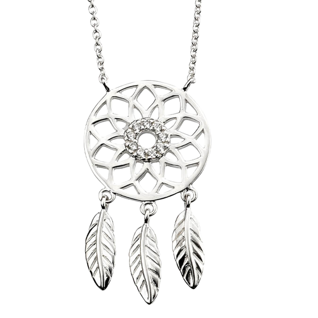 Dream Catcher necklace with Cubic Zirconia with feathers on a white background