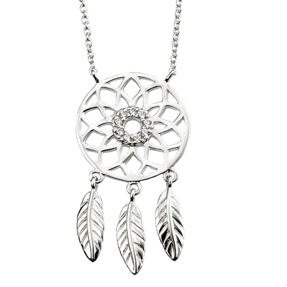 Dream Catcher necklace with Cubic Zirconia with feathers on a white background