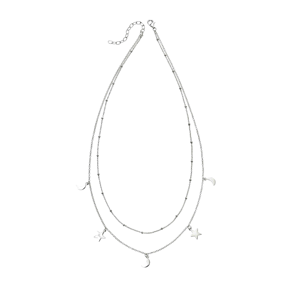 Silver necklace with star pendants on a white background