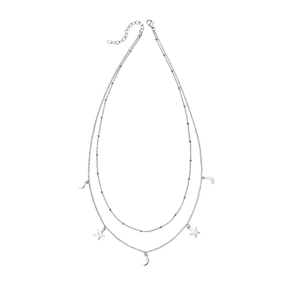 Silver necklace with star pendants on a white background
