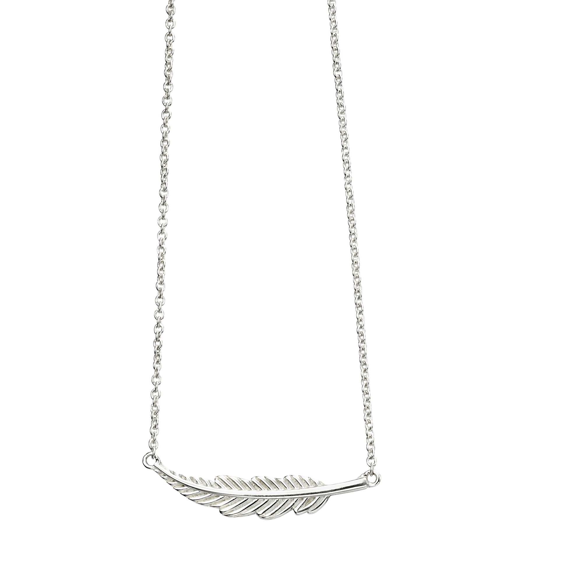 Silver feather necklace on a white background