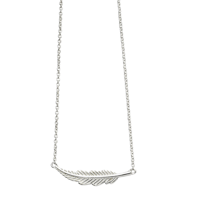Silver feather necklace on a white background