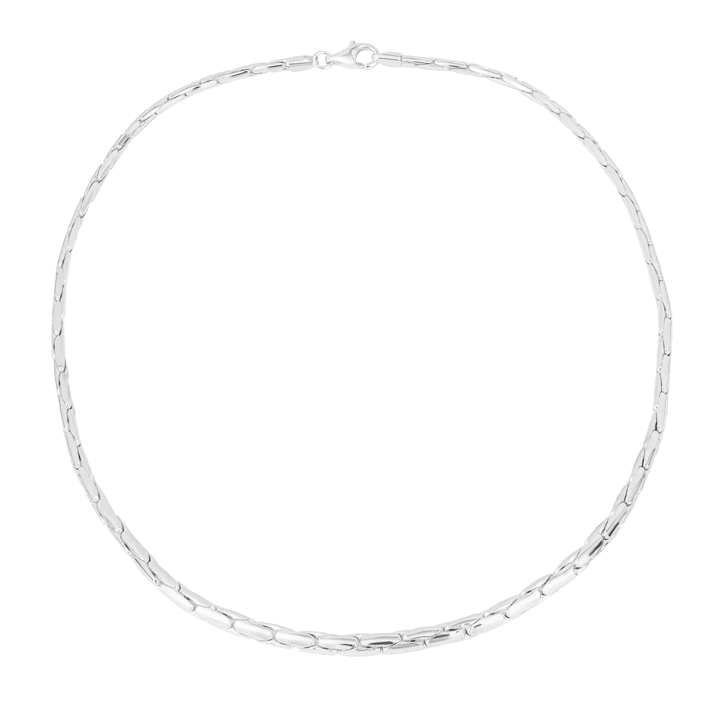 Silver snake chain necklace on a white background