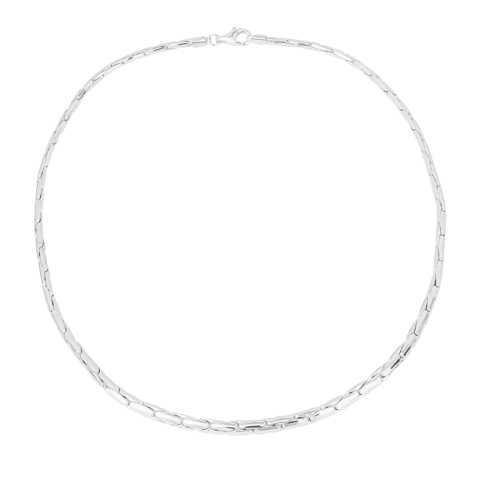 Silver snake chain necklace on a white background