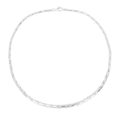 Silver snake chain necklace on a white background