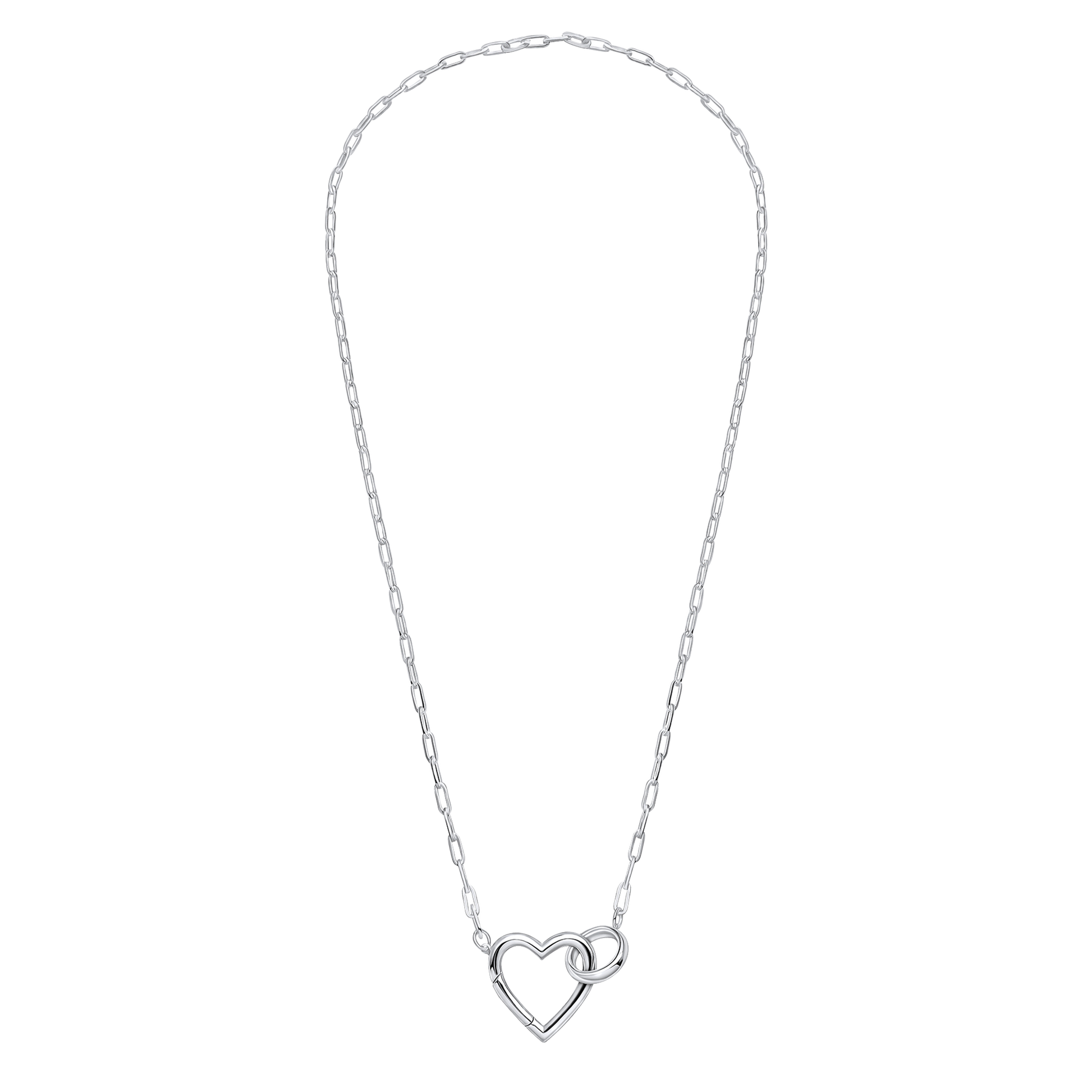 Silver necklace with a heart-shaped pendant on a white background