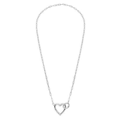 Silver necklace with a heart-shaped pendant on a white background