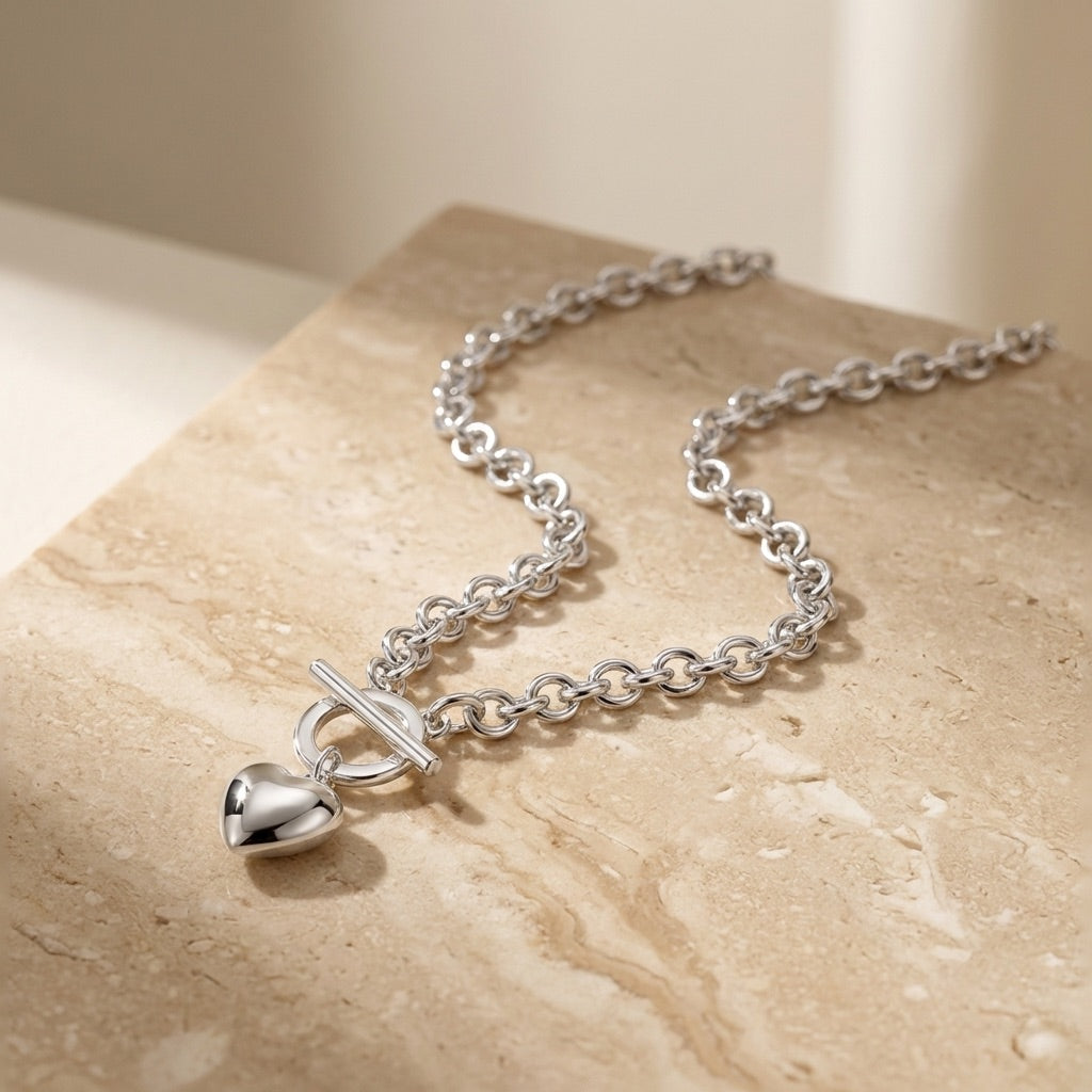 Puff Heart T-Bar Chain Necklace