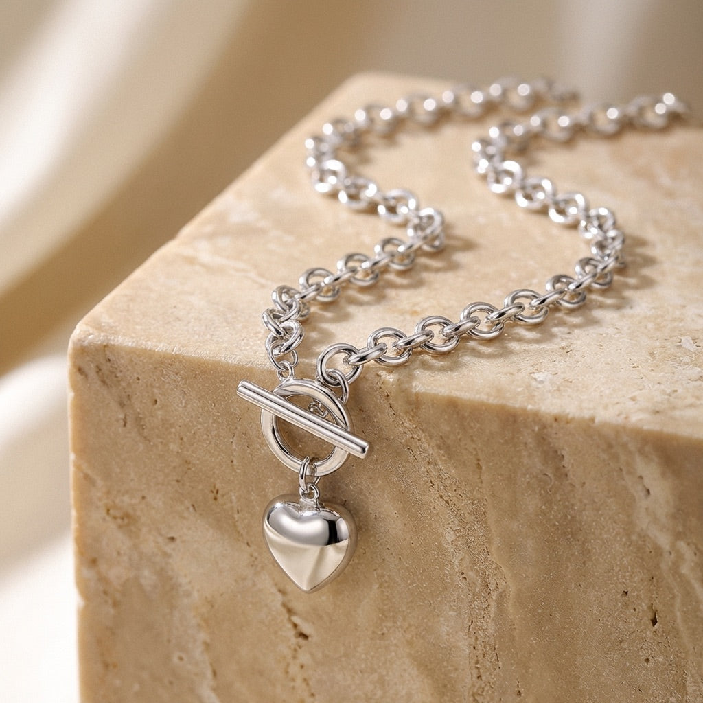 Puff Heart T-Bar Chain Necklace