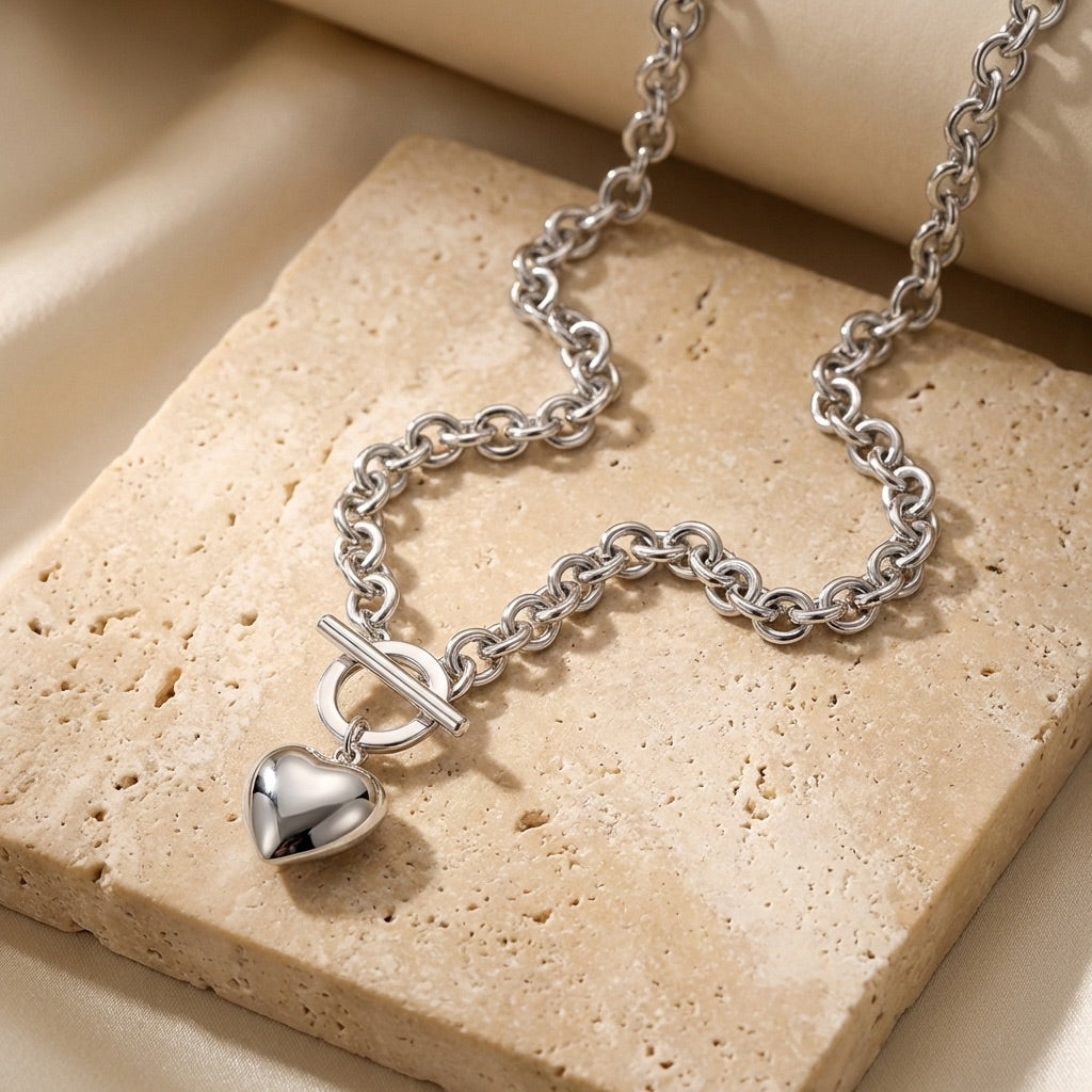 Puff Heart T-Bar Chain Necklace