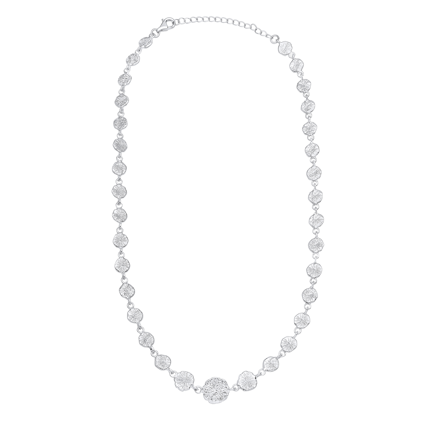 Silver necklace with round pendants on a white background