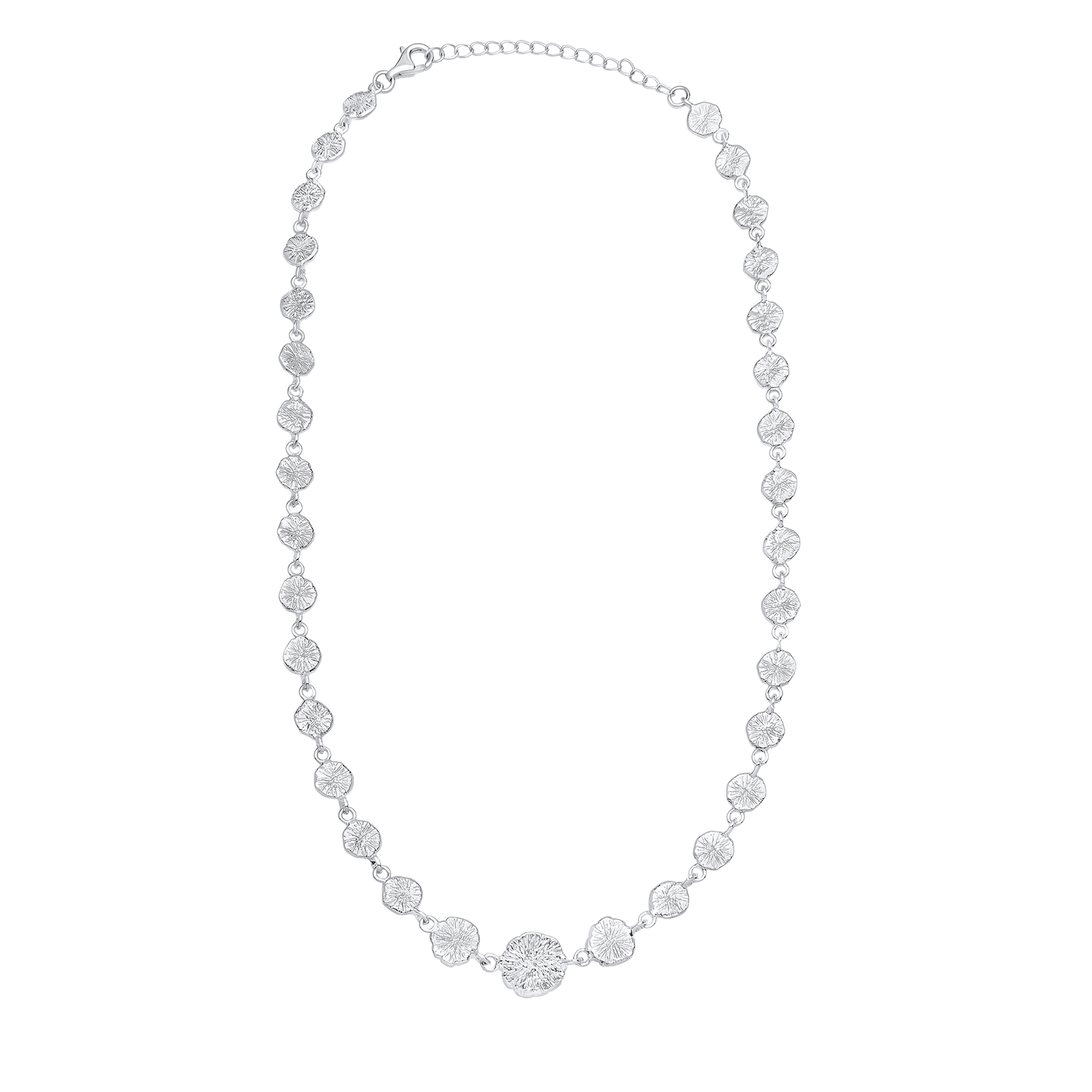 Silver necklace with round pendants on a white background