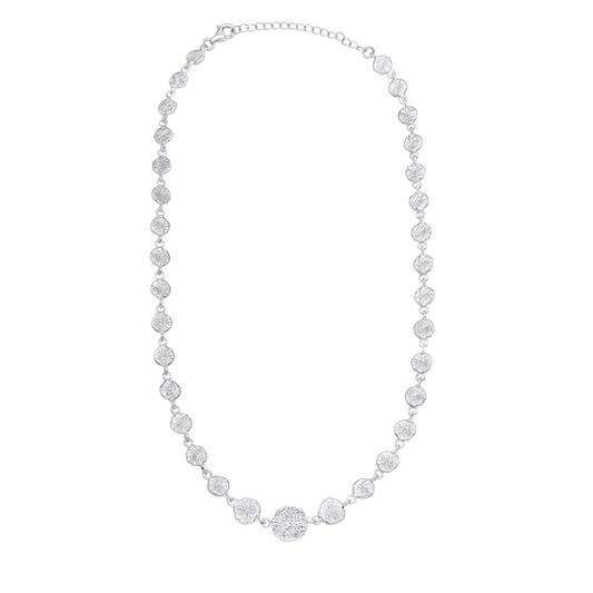 Silver necklace with round pendants on a white background