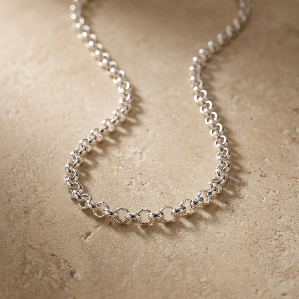 Silver chain necklace on a textured beige surface